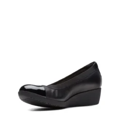 Clarks Elin Palm Black Leather Wedge Heel