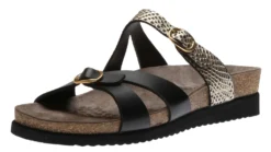 Mephisto Hannel Cuba Black Gold Textured Leather Slide Sandal