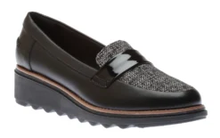 Clarks Sharon Gracie Black Tweed Wedge Loafer -Fashion Shoe Store clasharong01