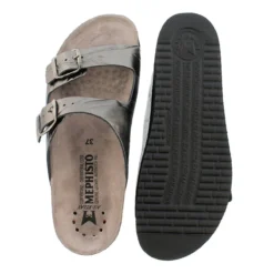Mephisto Harmony Metallic Grey Leather Crinkle Slide Sandal -Fashion Shoe Store mepharmony05e