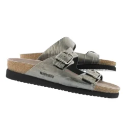 Mephisto Harmony Metallic Grey Leather Crinkle Slide Sandal -Fashion Shoe Store mepharmony05g
